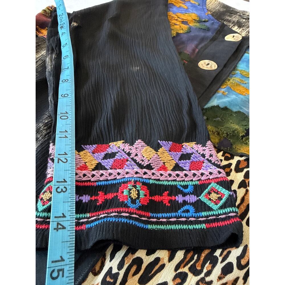Boho Patchwork Burnout Velvet Tunic Blouse Watercolor Leopard Mixed Print M - Picture 5 of 8